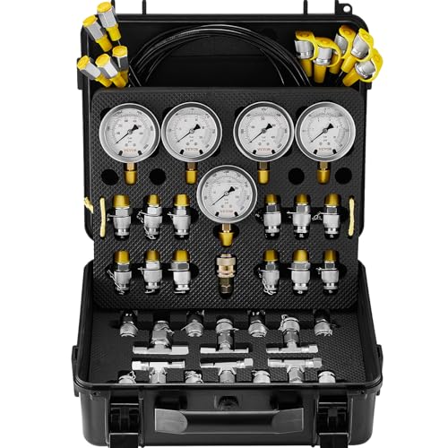 Vevor Hydraulikdruck-Testkit, 10/100/250/400/600 Bar, 5 Messgeräte, 13 Kupplungen, 14 T-Anschlüsse, 5 Testschläuche, Bagger-Hydraulik-Testmanometer-Se