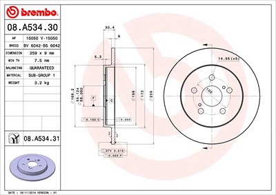 Brembo Bremsscheibe [Hersteller-Nr. 08.A534.31] für Subaru, Toyota