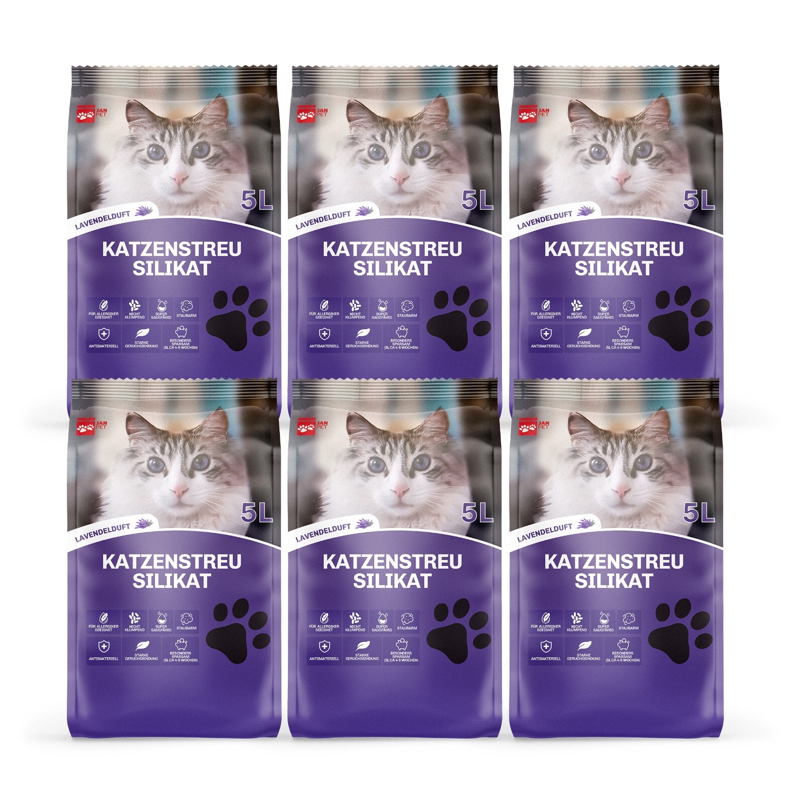 Katzenstreu 30 Liter (6x5 Liter) Silikat Lavendelduft Streu