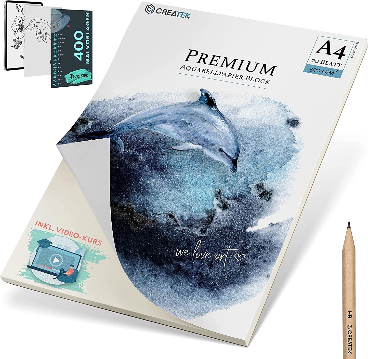 Aquarellpapier 300g A4 naturweiß inkl viel Zubehör - 20 Blatt rundum geleimt
