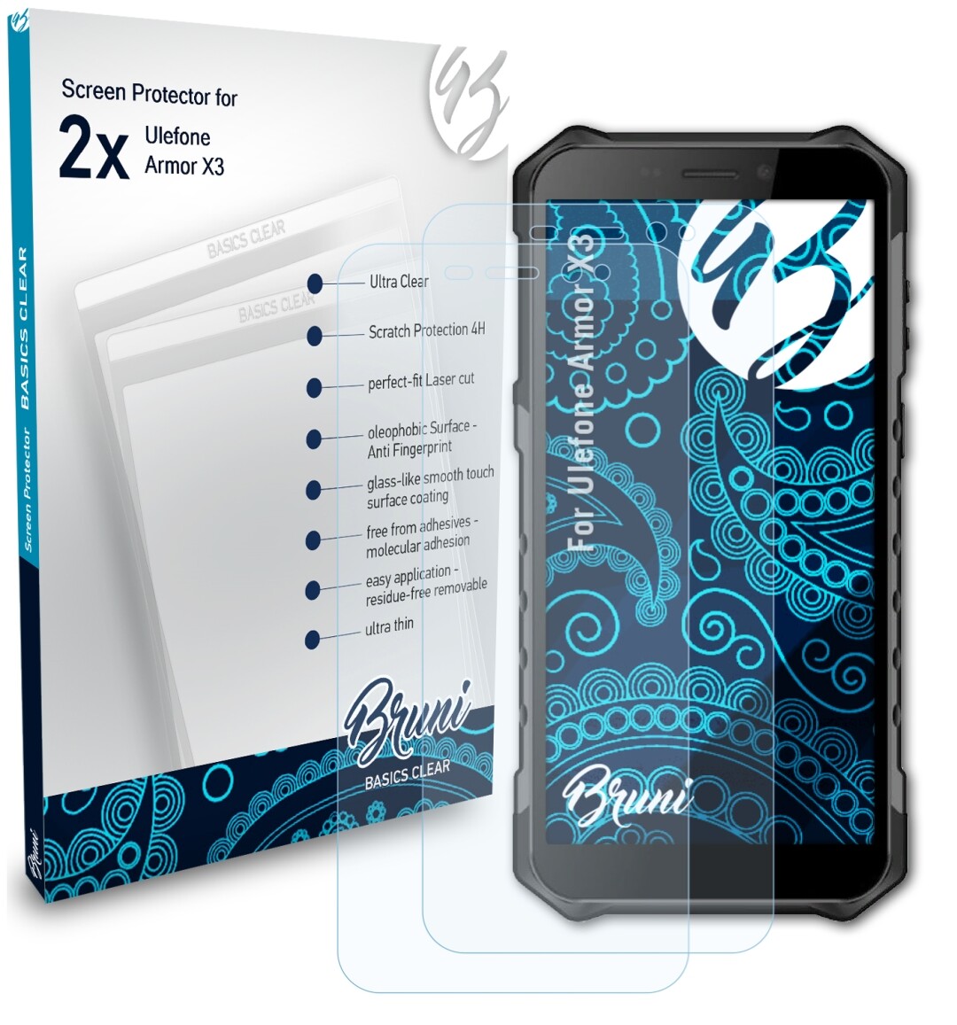 Bruni 2x Folie für Ulefone Armor X3 Schutzfolie Displayschutzfolie