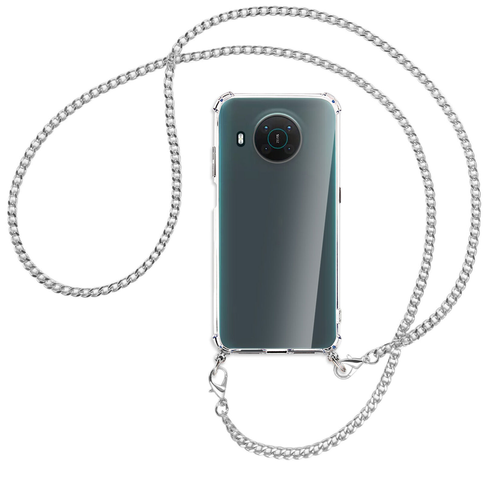 Handykette für Nokia X10, X20 (6.67'') silberfarbene Kette Hülle mit Band Kordel