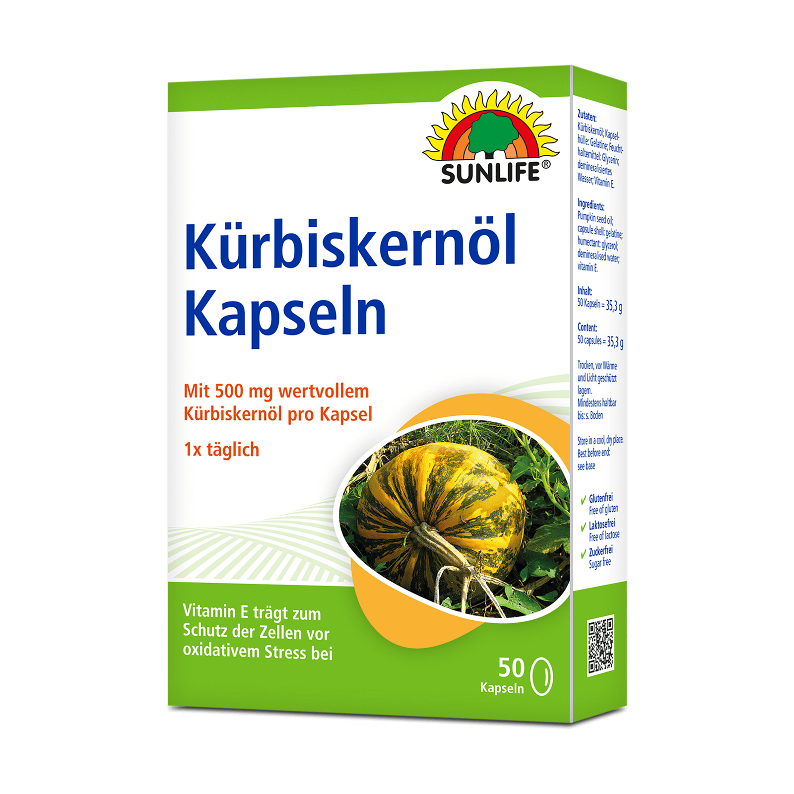 SUNLIFE® Kürbiskernöl Kapseln 500 mg + Vitamin E Immunsystem Vegan Wohlbefinden