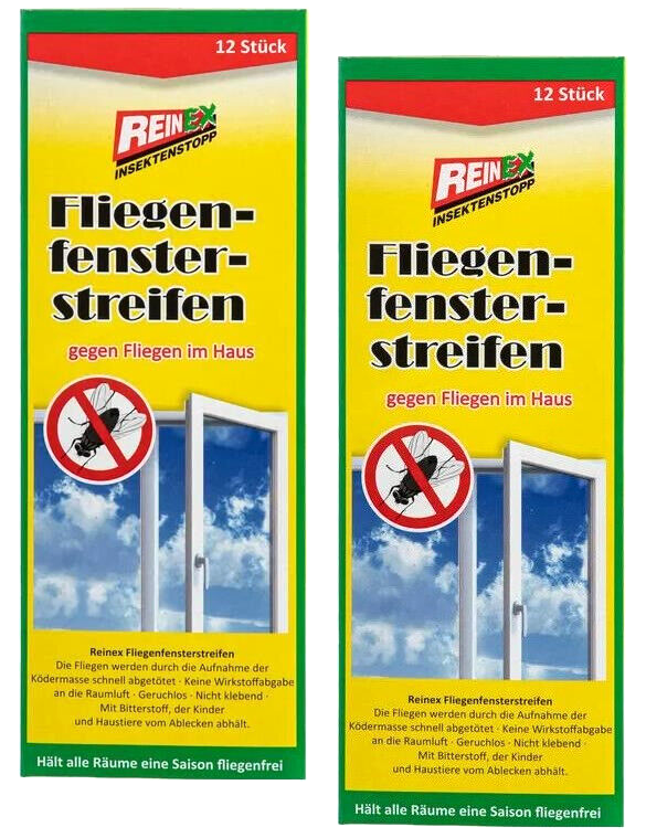 2x 12er Reinex Fliegen - Fensterstreifen Köderstreifen Fliegenfalle 24 Stck.