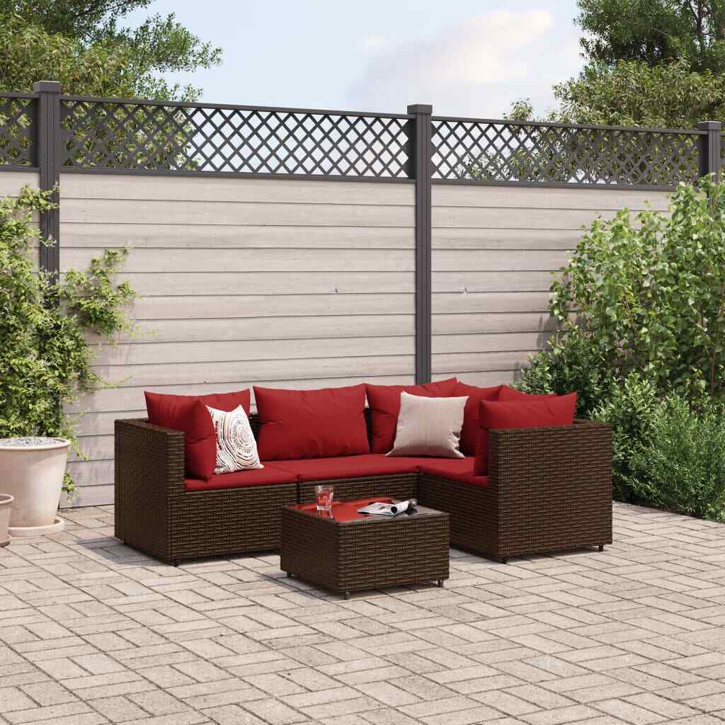 5-tlg. Garten-Lounge-Set mit Kissen Braun Poly Rattan Garten Lounge Set Outdoor