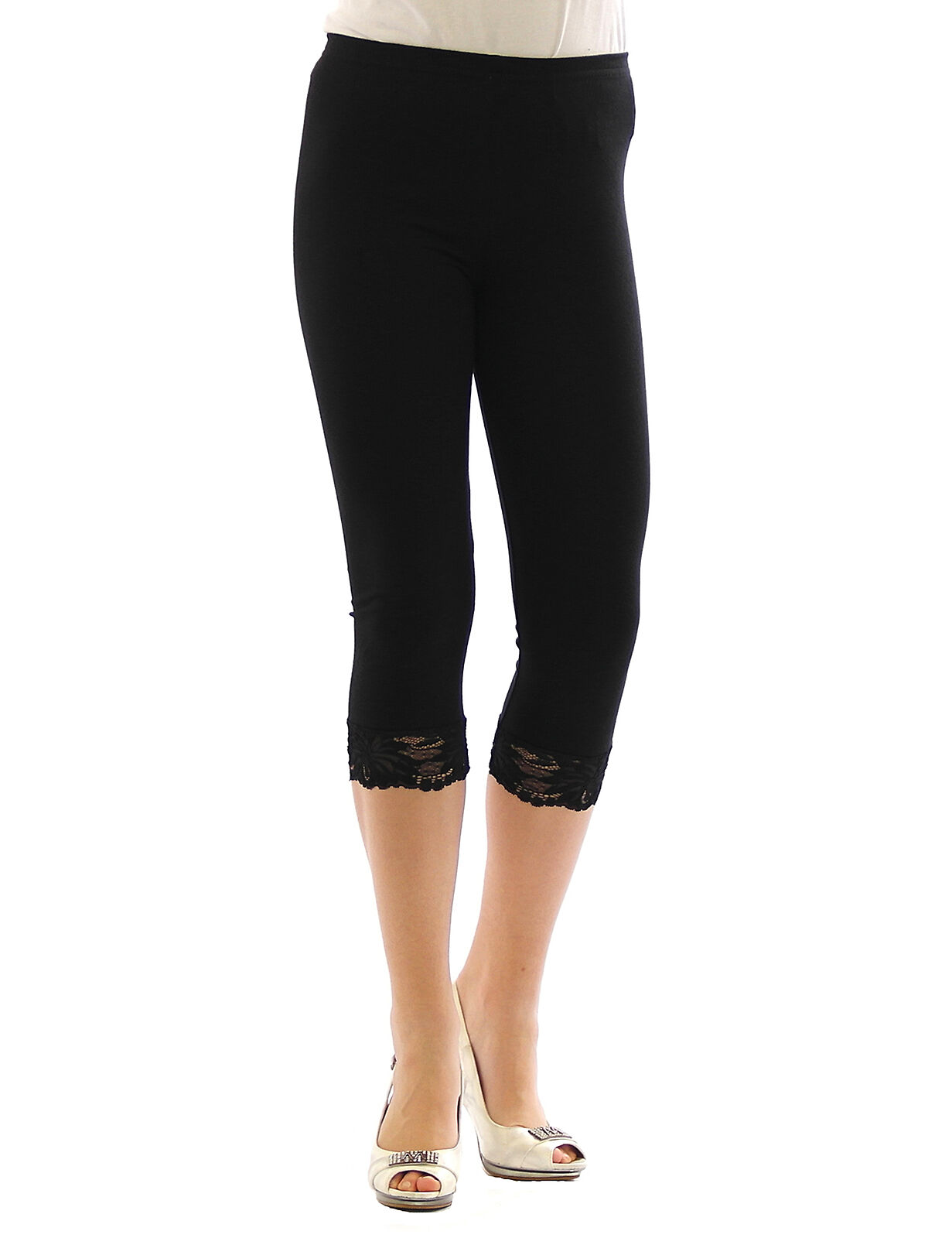 Capri 3/4 Leggings Spitzenrand kurz Knie-Hose Spitze Damen Kinder Senioren