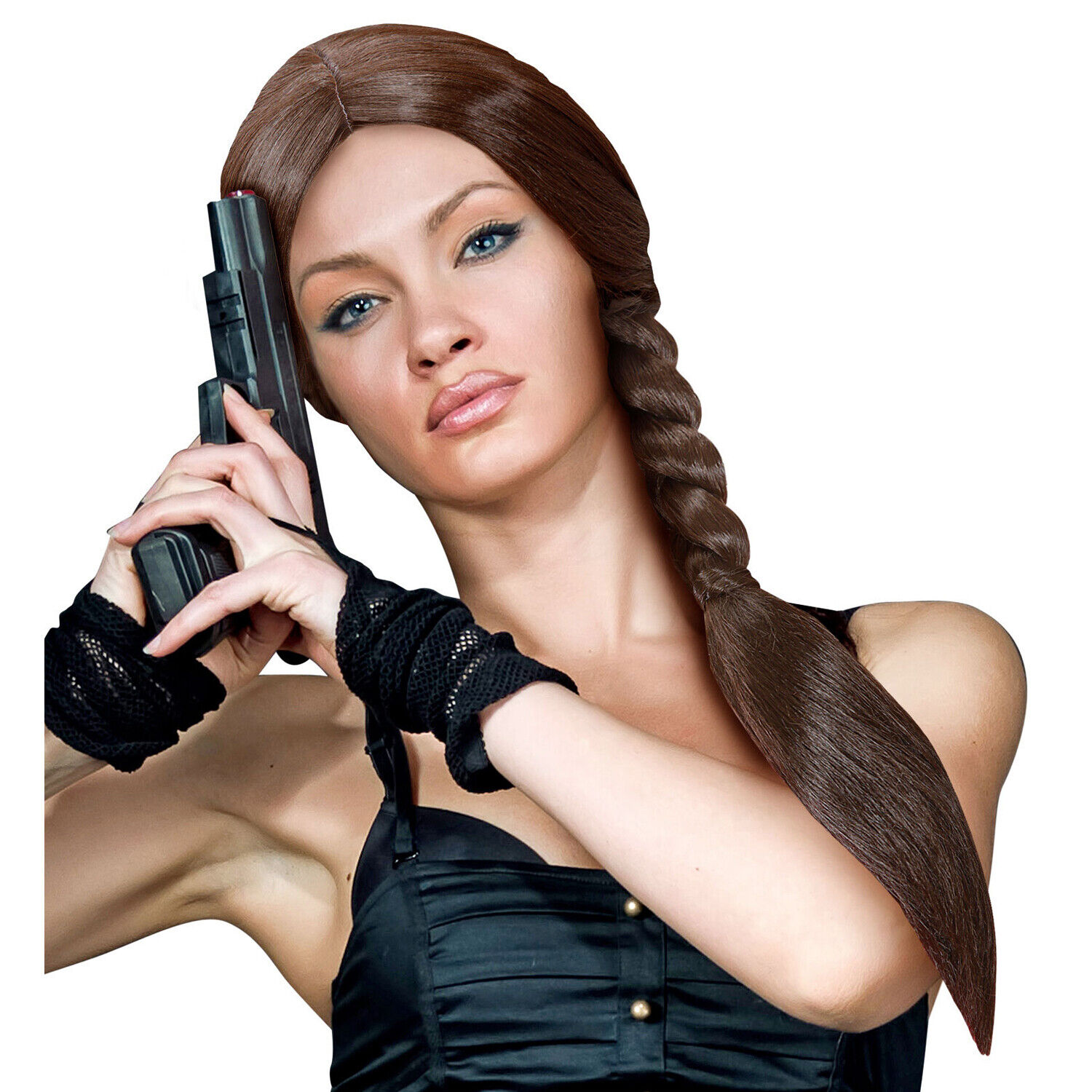 Lara Croft Perücke mit Zopf Rapunzel Langhaarperücke Superheldin Burgfräulein