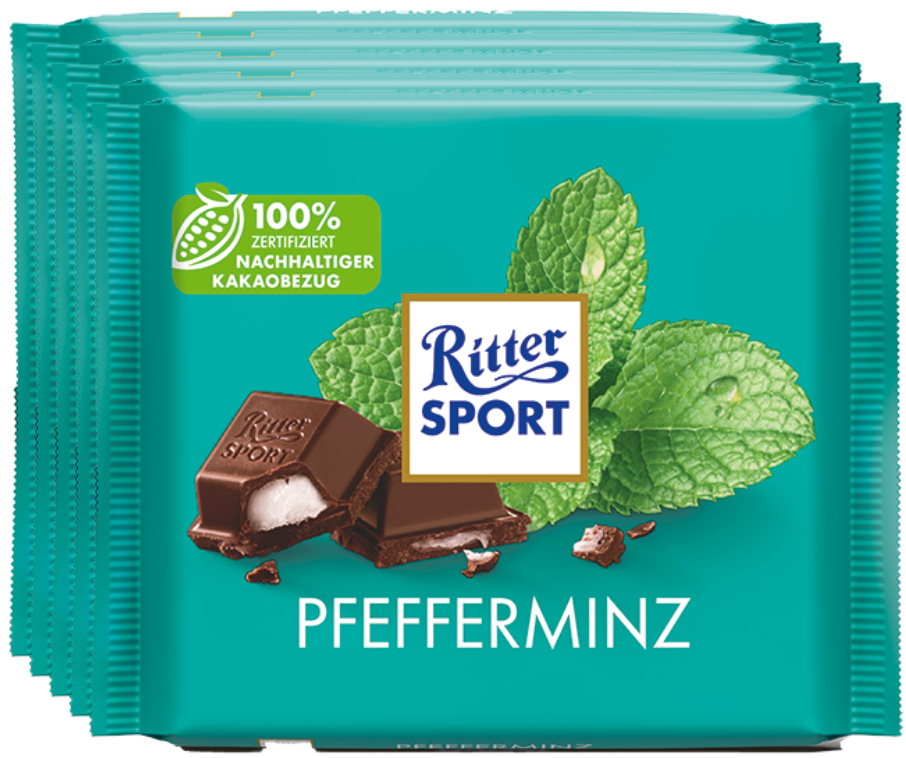 Ritter Sport Pfefferminz - Schokolade Pfefferminze - 5 Tafeln je 100 Gramm