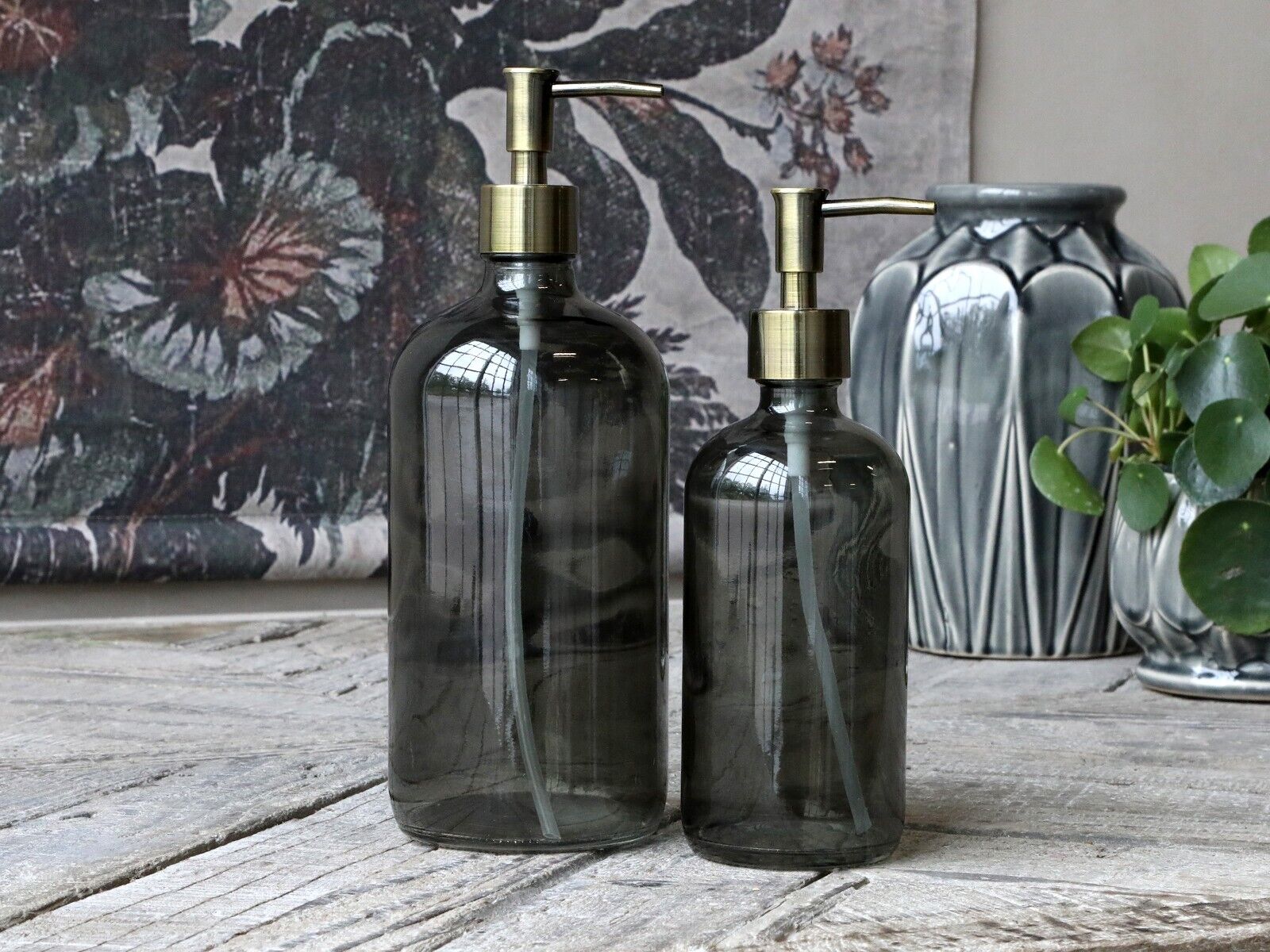 Seifenspender Flasche 2 Pumpen Glas grau 1000 ml Spender Chic Antique Bad Zimmer
