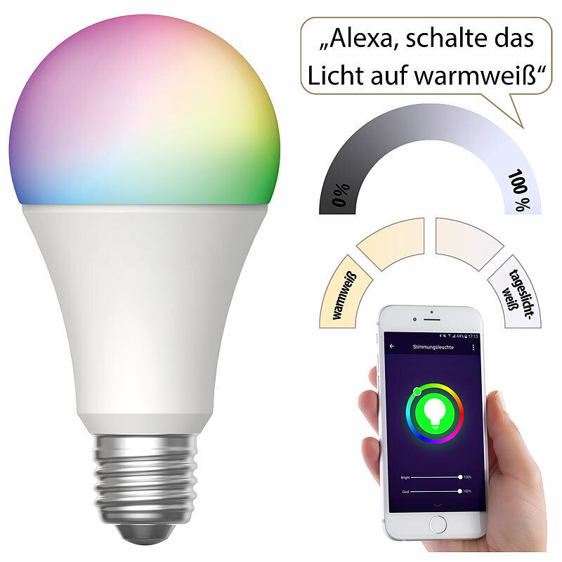 WLAN-LED-Lampe, E27, RGB-CCT, 9 W (ersetzt 75 W), F, 800 lm, App