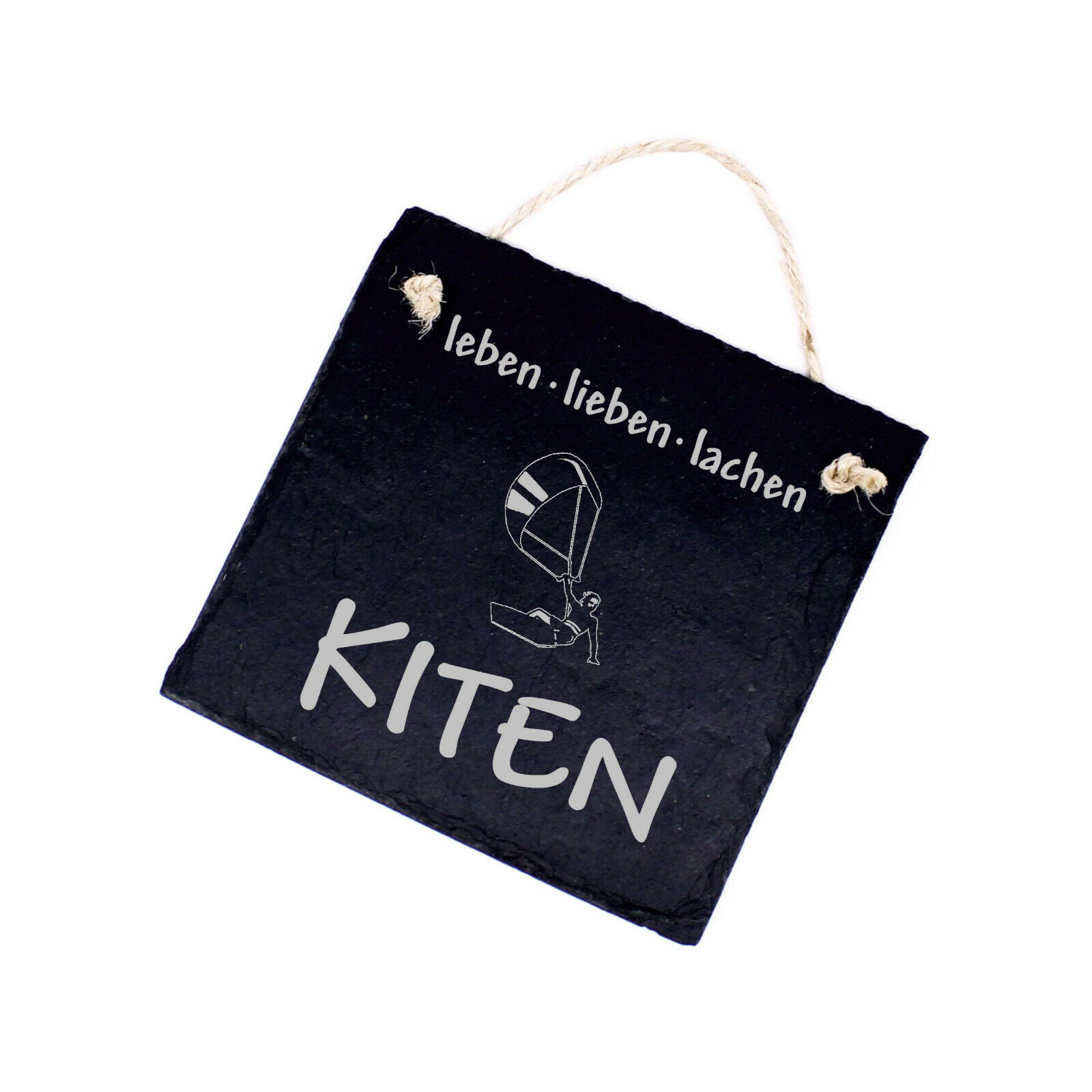 Schiefer Türschild klein graviert KITEN Kitesurfen Leben Lieben Lachen 11x11cm ❤