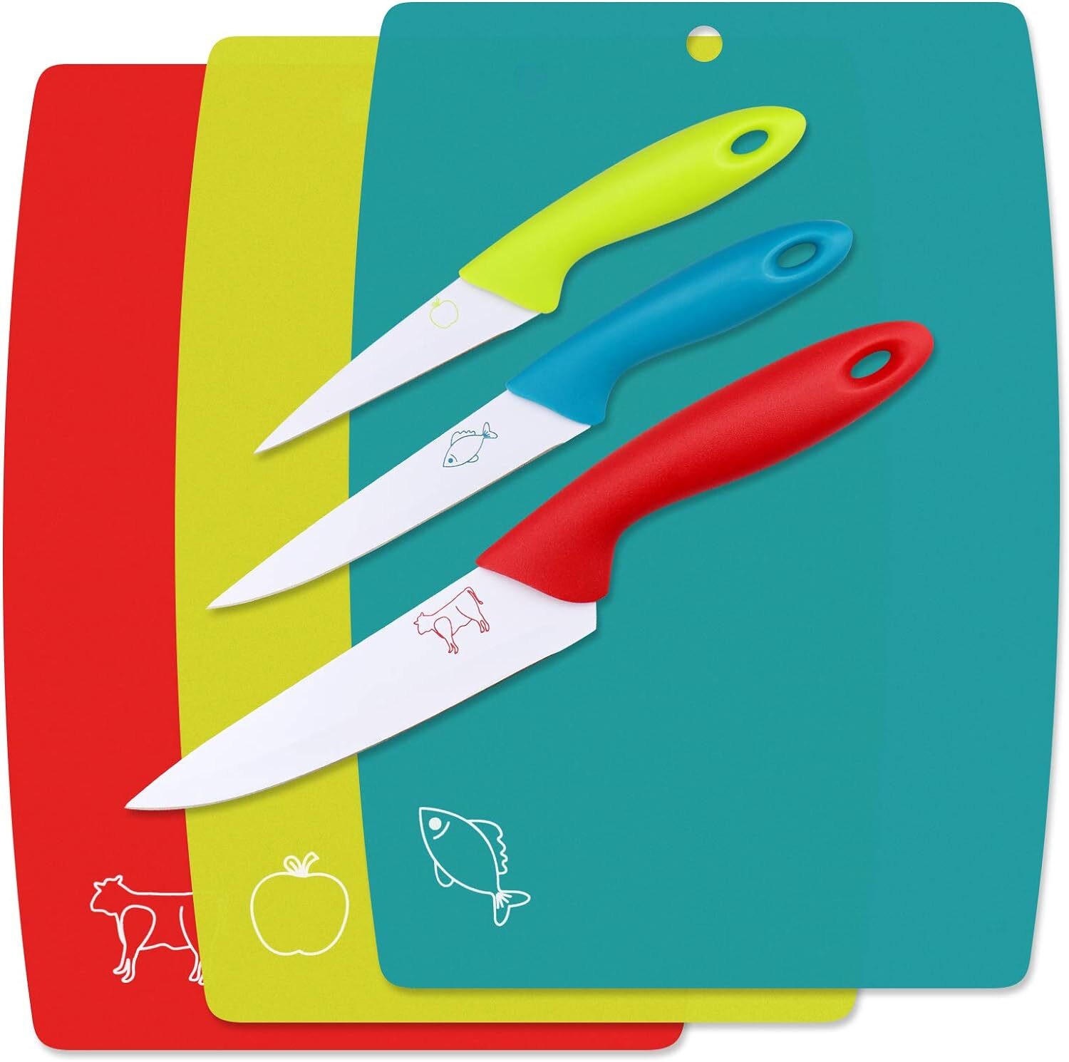 WELLGRO 3-tlg. Schneidebretter Set inkl. 3 Messer - blau, rot, grün -...