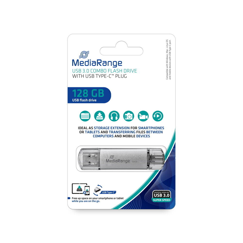 Mediarange USB Stick 128GB Speicherstick Combo silber Typ C USB 3.0