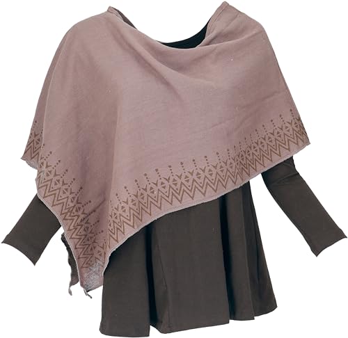 Guru Shop Lagenlook Poncho, Bedruckter Leichter Poncho, Unikat Pixi Poncho, Damen, Taupe, Baumwolle, Size:40