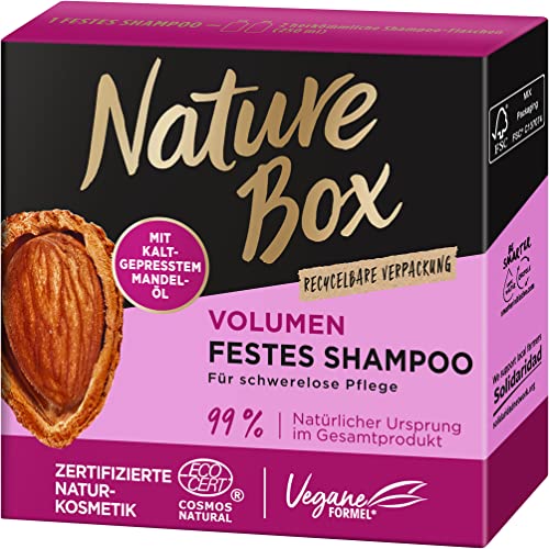 Nature Box Festes Shampoo Volumen (85 G), Volumen-Shampoo Mit Mandel-Öl Für Schwerelose Pflege Und Geschmeidigkeit, Recycelbare Verpackung