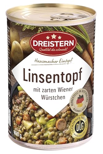 Dreistern Linseneintopf Mit Wiener Würstchen 400 G | Leckerer Eintopf Mit Viel Einlage In Der Praktischen Recycelbaren Konserve | Hausmacher Eintopf M