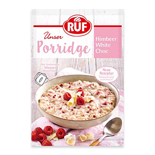 Ruf Porridge Himbeer White Choc, Instant Haferbrei Mit Himbeer-Stückchen Und Weißer Raspel-Schokolade, Schnelles Und Gesundes Frühstück, 1 X 65G Beute