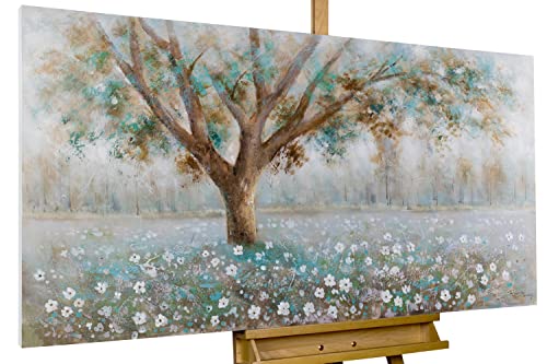Kunstloft Leinwandbild | 100% Handgemalt | 140X70Cm | Gemälde 'Baumflüstern' | Wald & Bäume | Weiß Braun | Wandbild Wohnzimmer