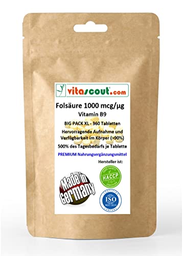 Folsäure 360 Tabletten Je 1000Mcg - Folic Acid - Vitamin B9 = 500% Des Tagesbedarfs Je Tabl. Vegan - Ohne Magnesiumstearat - Made In Germany