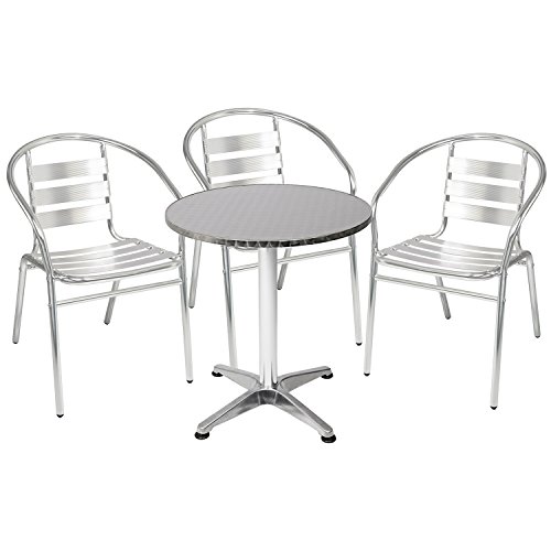 Mojawo® Bistrogarnitur 4-Teilig Bistrotisch Aluminium Rund Ø 60Cm H70Cm / 110 Cm Höhenverstellbar + Klappbar + 3 Bistrostühle Aluminium Stapelstuhl