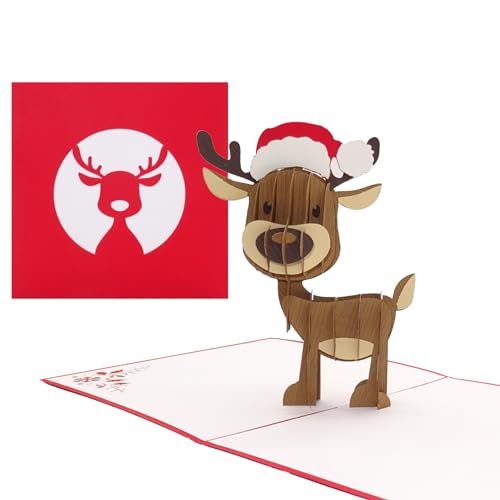 Pop Up Karte Rentier Mit Weihnachtsmütze - Lustige 3D Weihnachtskarte Mit Niedlichem Rudolf, Klappkarte Zu Weihnachten