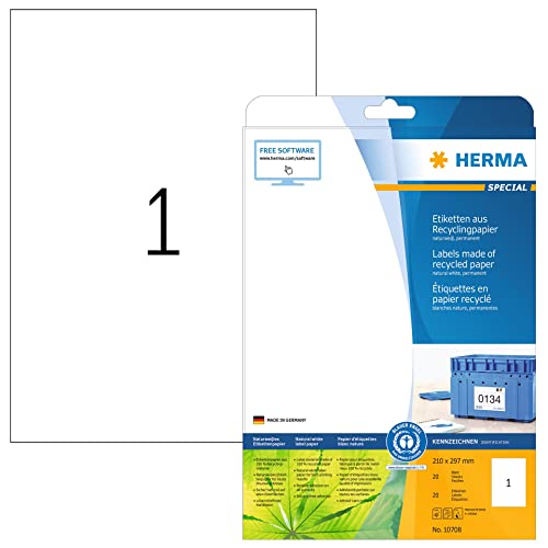 Herma 10708 Recycling Etiketten, 20 Blatt, 210 X 297 Mm, 1 Pro A4 Bogen, 20 Stück, Selbstklebend, Bedruckbar, Matt, Blanko Recycling-Papier Klebeetike