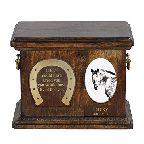 Art-Dog Custom Horse Memorial Urn - Handgefertigte Holzurne - Personalisierte Keramikplatte Und Gravur - Haltbare Und Langlebige Pferdeeinäscherungsbo