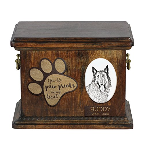 Art-Dog Custom Dog Memorial Urne - Handgefertigtes Bronzeportrait Auf Birkensockel Mit Personalisiertem Keramikteller - Elegante Hundeeinäscherungsbox