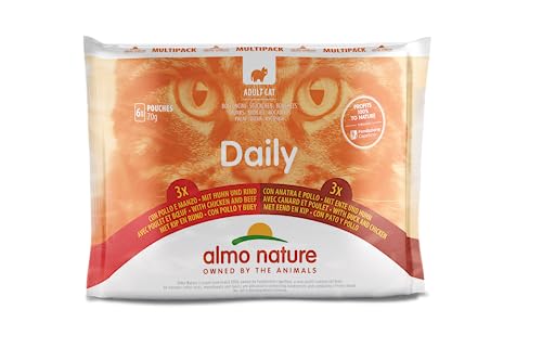 Almo Nature Daily Multipack, Komplettes Nassfutter Für Erwachsene Katzen – Mit Thunfisch Und Lachs – Mit Kabeljau Und Garnelen – 6 Beutel À 70 G