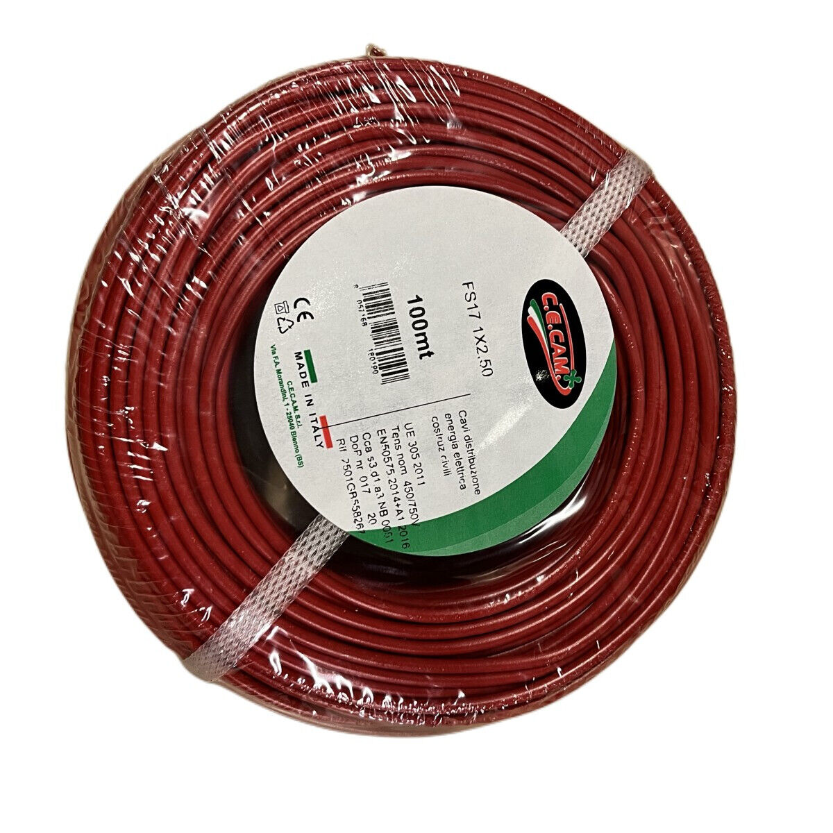 100mt Cavo Elettrico FS17 450/750V Unipolare 1X2.5mm Colore Rosso Made In Italy