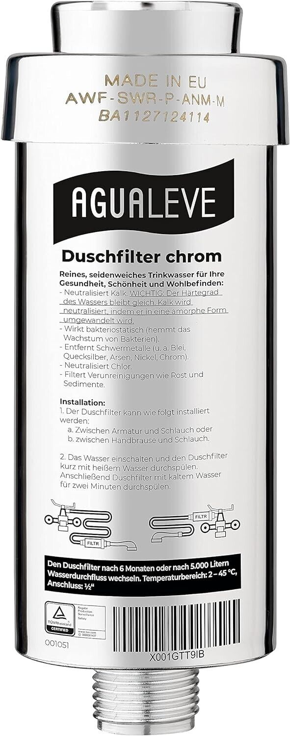 AGUALEVE® Wasserfilter Dusche  | chrom | gegen Kalk, Schwermetalle, Schadstoffe