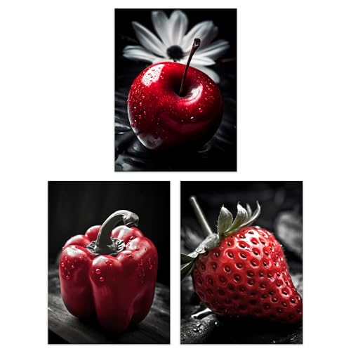 Artery8 Set Of 3 Red Apple Pepper Strawberry On Black And White Photograph Kitchen Artwork Unframed Wall Art Living Room Poster Prints Pack