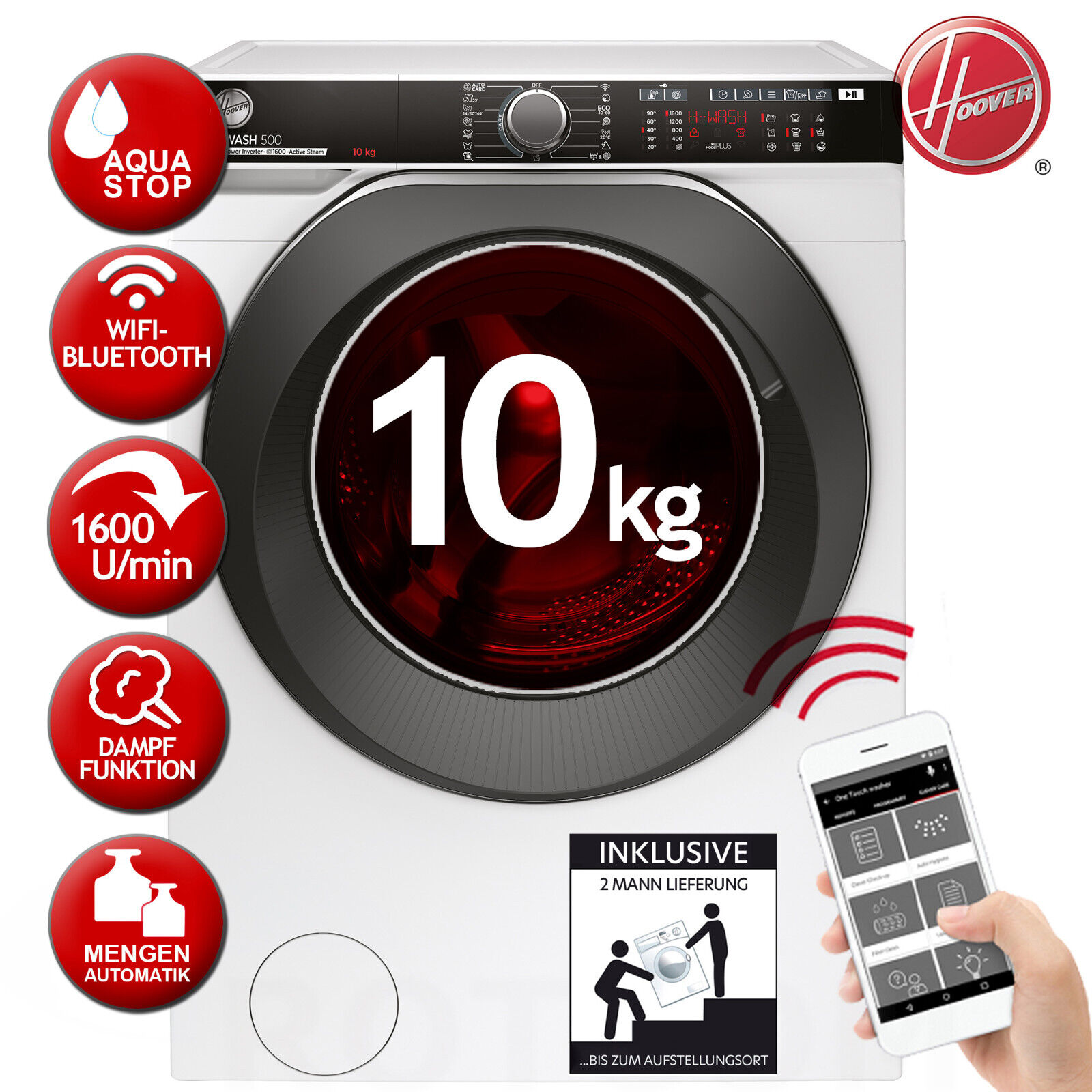HOOVER HWP 610AMBC/1-S Waschmaschine 10kg 1600 U/min Wifi ActiveSteam 2ML