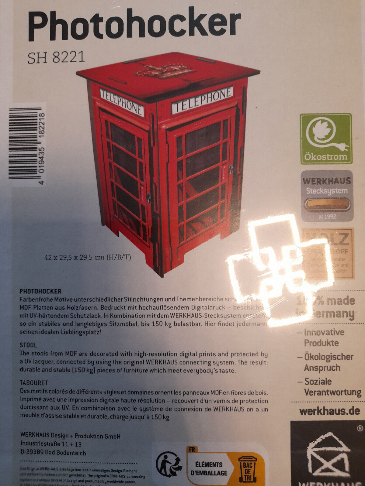 Werkhaus - Photohocker Hocker Telefonzelle London Rot SH8221 Sitz Sitzmöbel