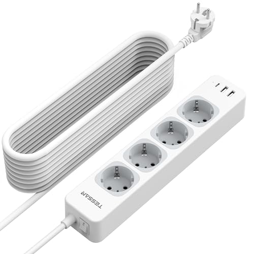 Tessan 4 Fach Mehrfachsteckdose Mit Verlängerungskabel 10M, Steckdosenleiste Mit 1 Usb C Und 2 Usb A, Mehrfachstecker Mit Schalter, 3600W Verteilerste